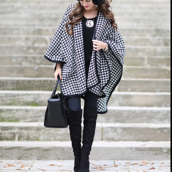 V. Fraas Houndstooth print Cape Shawl Poncho Cover O/S 100% Acrylic - Picture 3 of 16